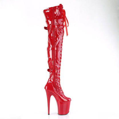 FLAMINGO-3028 8" Heel, 4" PF Stretch Thigh Boot W/Buckled Straps, Side Zip