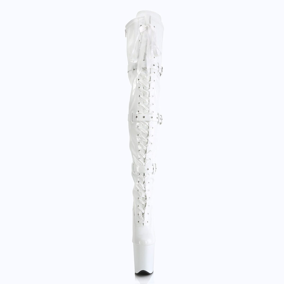 FLAMINGO-3028 8" Heel, 4" PF Stretch Thigh Boot W/Buckled Straps, Side Zip