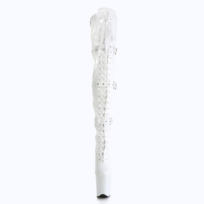 FLAMINGO-3028 8" Heel, 4" PF Stretch Thigh Boot W/Buckled Straps, Side Zip