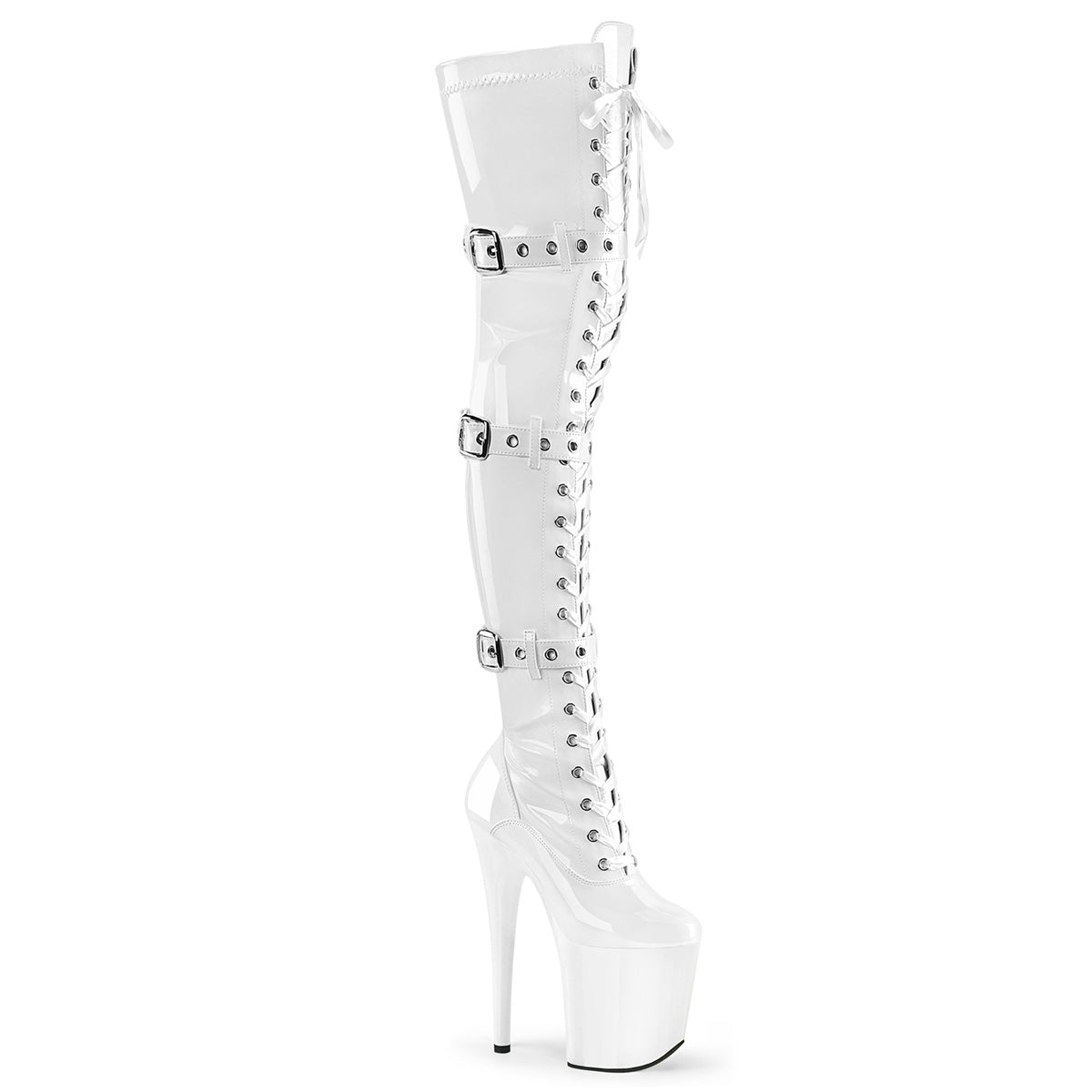 FLAMINGO-3028 8" Heel, 4" PF Stretch Thigh Boot W/Buckled Straps, Side Zip