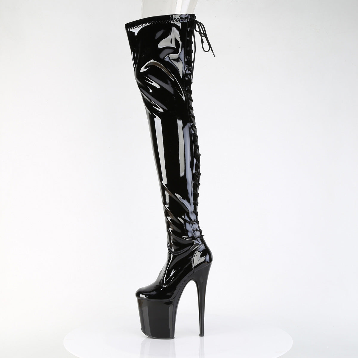 FLAMINGO-3850 8" Heel, 4" PF Lace-Up Back Stretch Thigh Boot, Side Zip