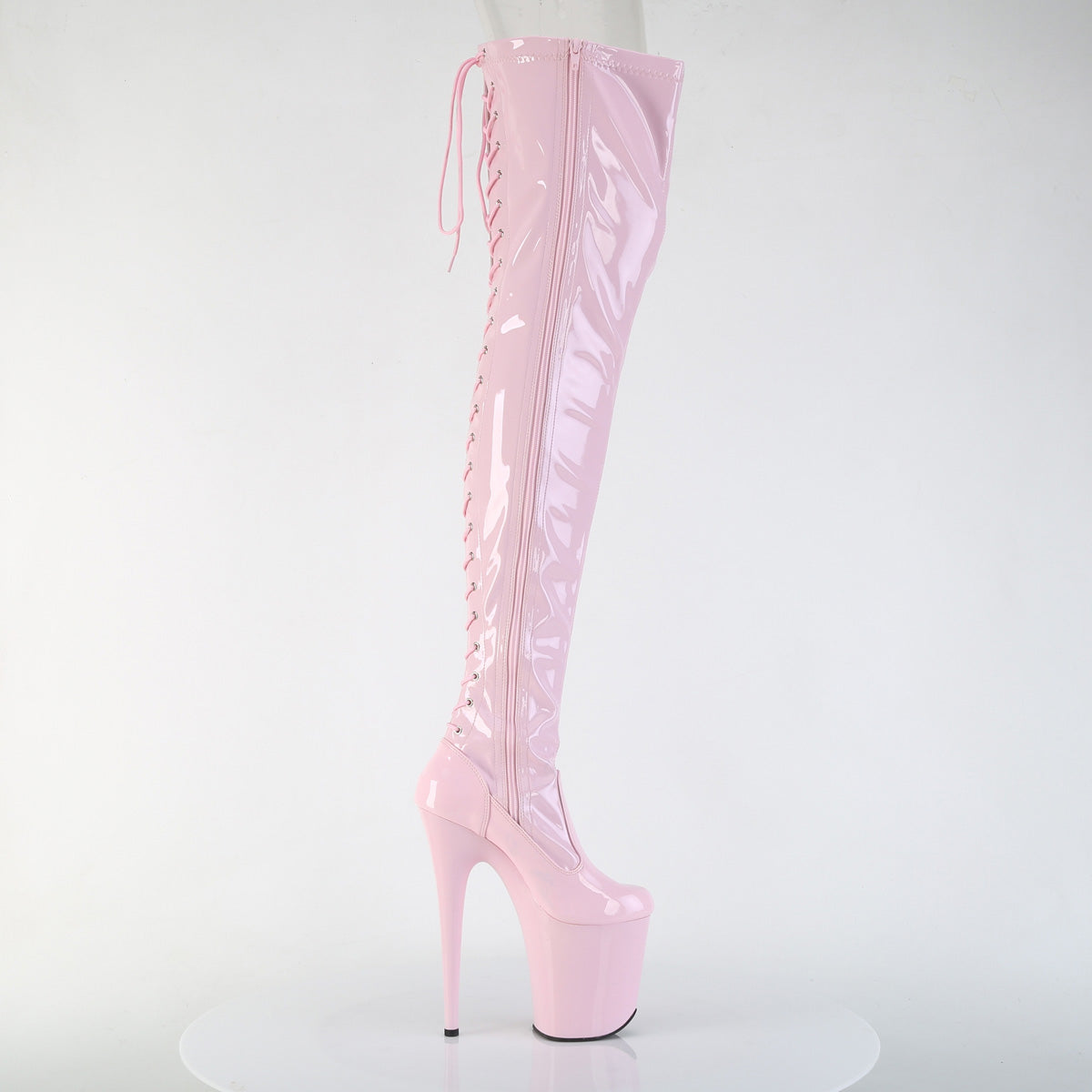 FLAMINGO-3850 *8" Heel, 4" PF Lace-Up Back Stretch Thigh Boot, Side Zip