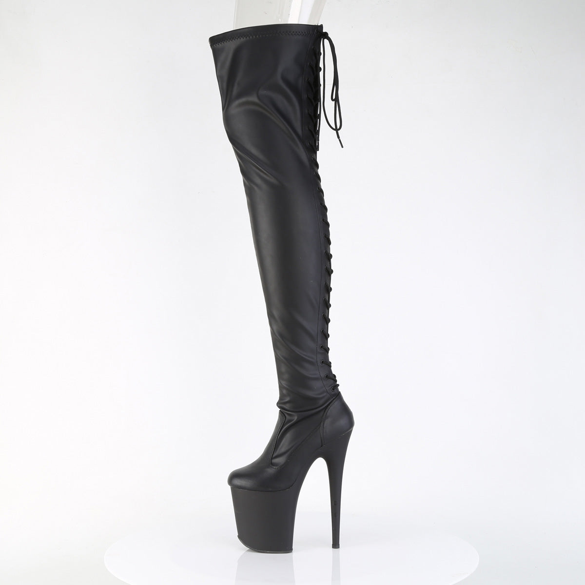 FLAMINGO-3850 *8" Heel, 4" PF Lace-Up Back Stretch Thigh Boot, Side Zip