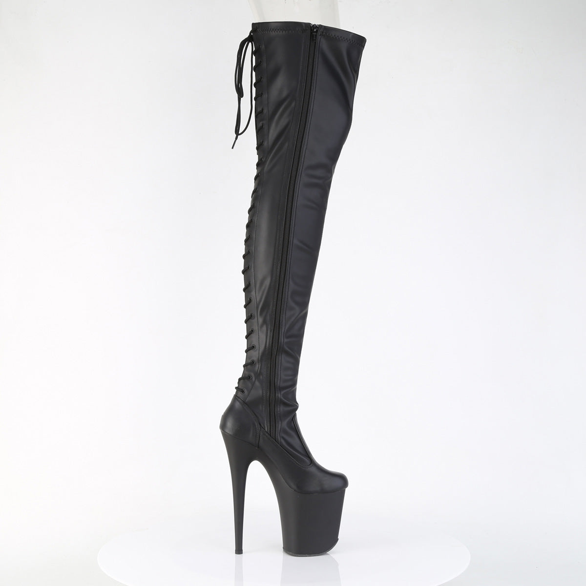 FLAMINGO-3850 *8" Heel, 4" PF Lace-Up Back Stretch Thigh Boot, Side Zip