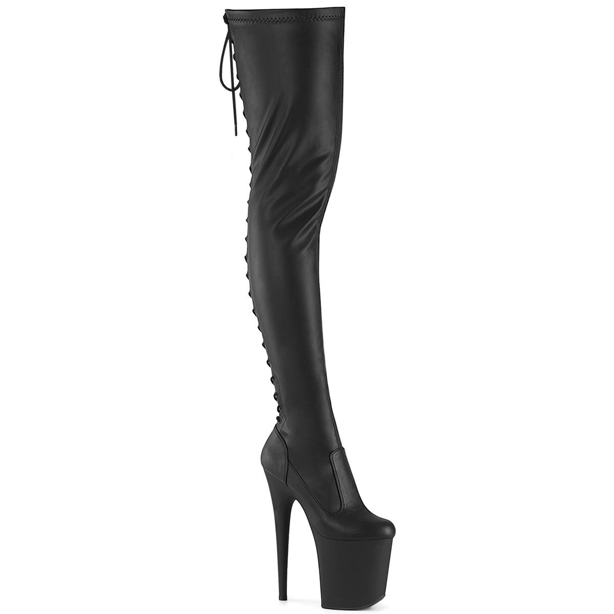 FLAMINGO-3850 *8" Heel, 4" PF Lace-Up Back Stretch Thigh Boot, Side Zip