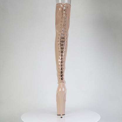 FLAMINGO-3850 *8" Heel, 4" PF Lace-Up Back Stretch Thigh Boot, Side Zip