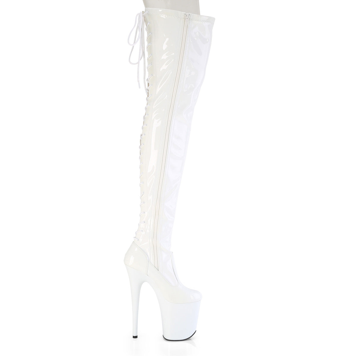 FLAMINGO-3850 *8" Heel, 4" PF Lace-Up Back Stretch Thigh Boot, Side Zip