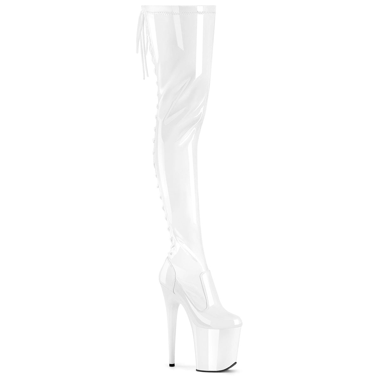 FLAMINGO-3850 *8" Heel, 4" PF Lace-Up Back Stretch Thigh Boot, Side Zip