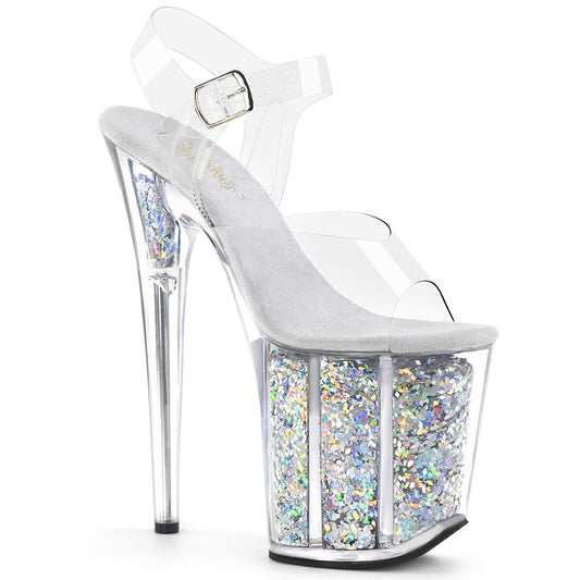 FLAMINGO-808GF 8" Heel, 4" Glitter Filled PF Ankle Strap Sandal