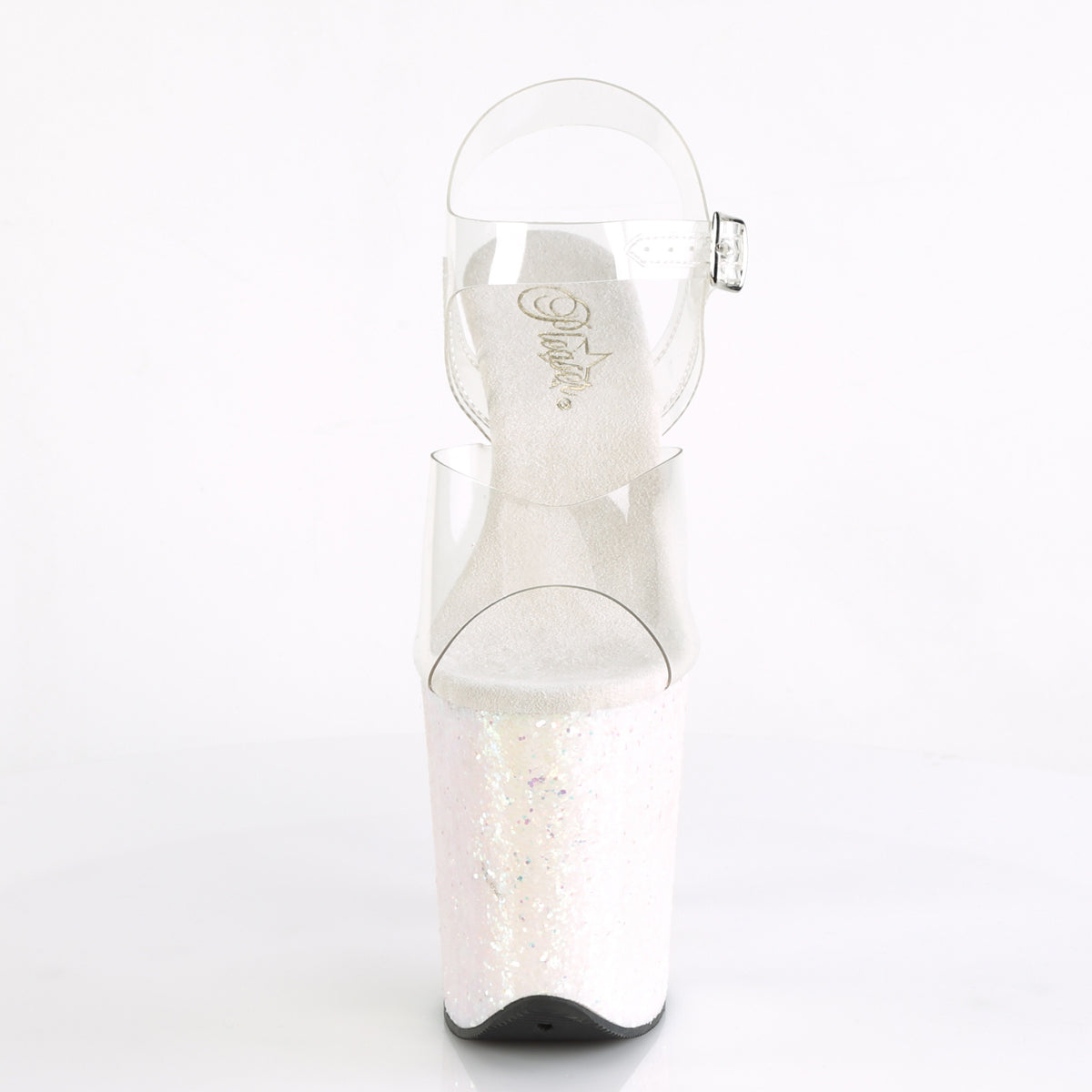 FLAMINGO-808LG 8" Heel, 4" PF Ankle Strap Sandal w/Holographic Glitter Cov