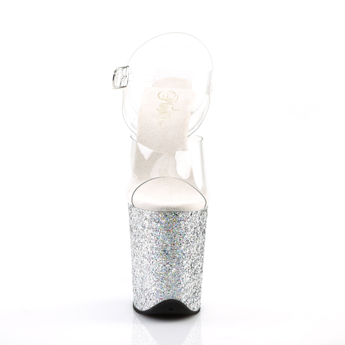 FLAMINGO-808LG 8" Heel, 4" PF Ankle Strap Sandal w/ Glitter Bottom