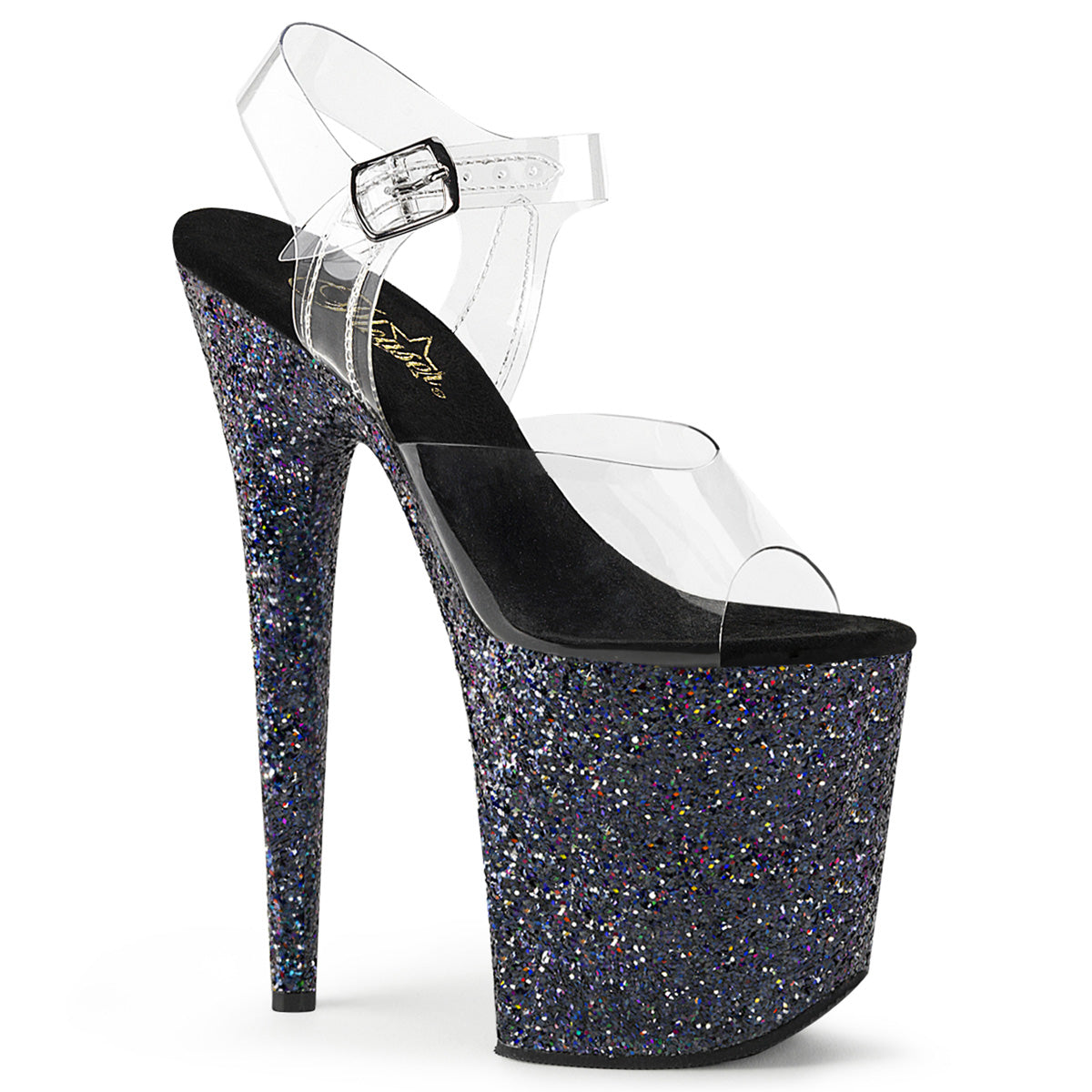 FLAMINGO-808LG 8" Heel, 4" PF Ankle Strap Sandal w/Holographic Glitter Cov