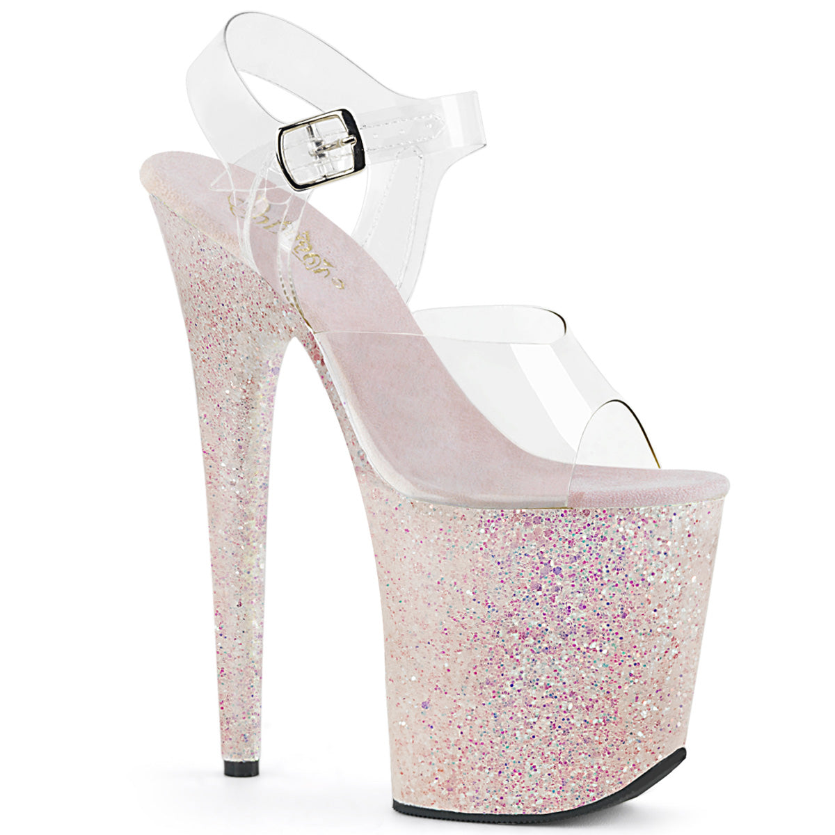 FLAMINGO-808LG 8" Heel, 4" PF Ankle Strap Sandal w/Holographic Glitter Cov