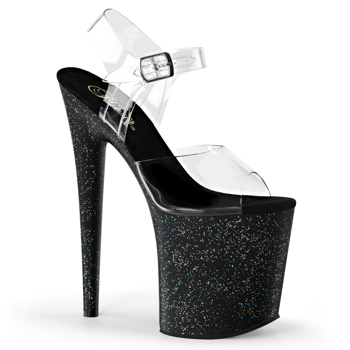 FLAMINGO-808MG 8" Heel, 4" PF Ankle Strap Sandal w/Mini Glitter
