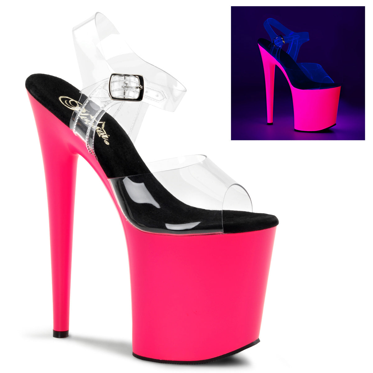 FLAMINGO-808UV 8" Heel, 4" PF Ankle Strap Sandal w/Neon UV Reactive BTM