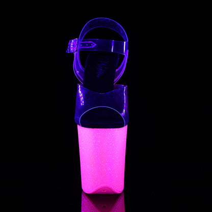 FLAMINGO-808UVG 8" Heel, 4" PF Ankle Strap Sandal w/Neon UV Reactive BTM