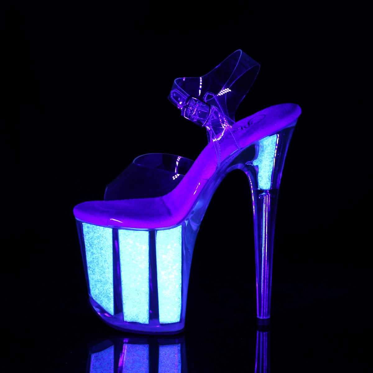 FLAMINGO-808UVG 8" Heel, 4" PF Ankle Strap Sandal w/Neon UV Reactive BTM