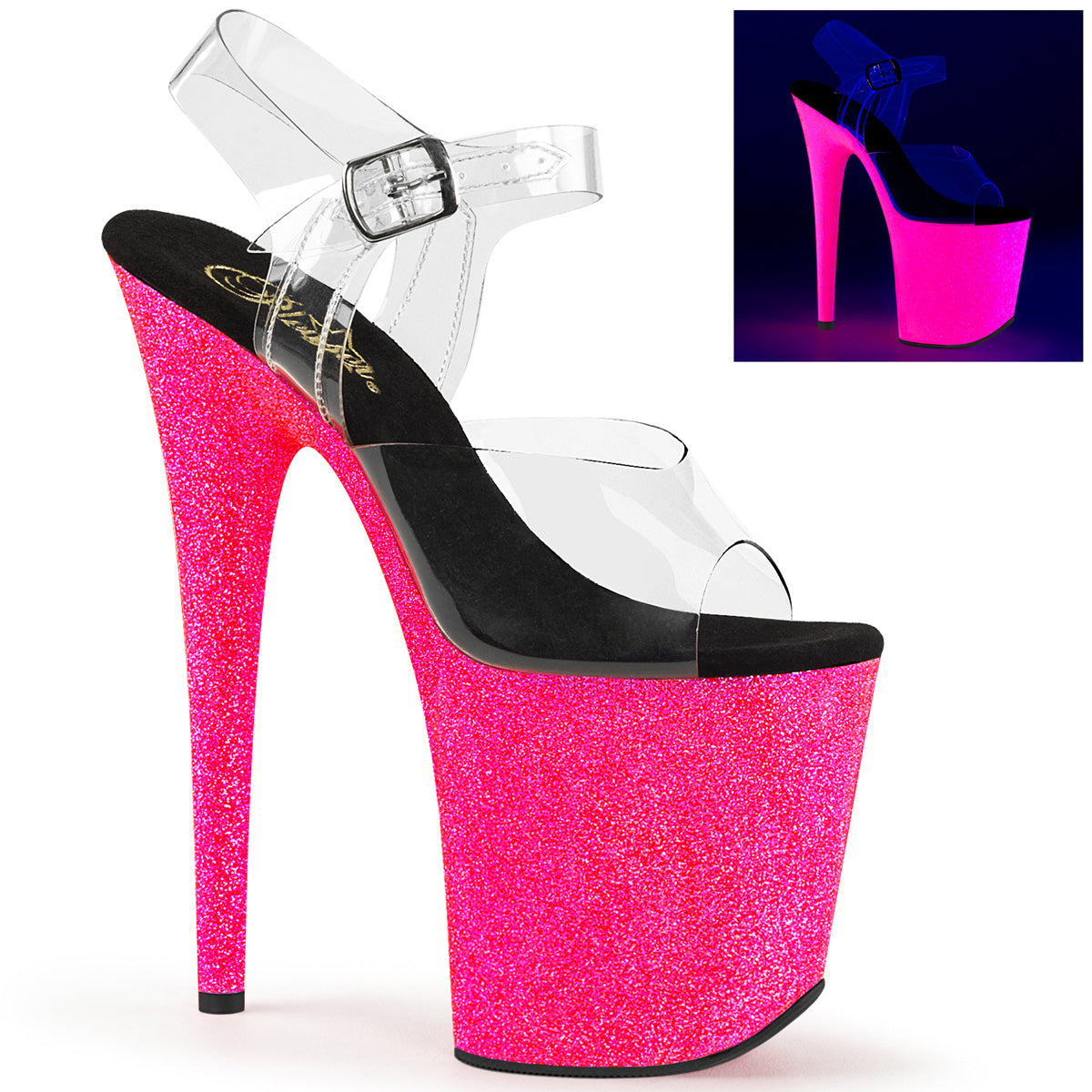 FLAMINGO-808UVG 8" Heel, 4" PF Ankle Strap Sandal w/Neon UV Reactive BTM