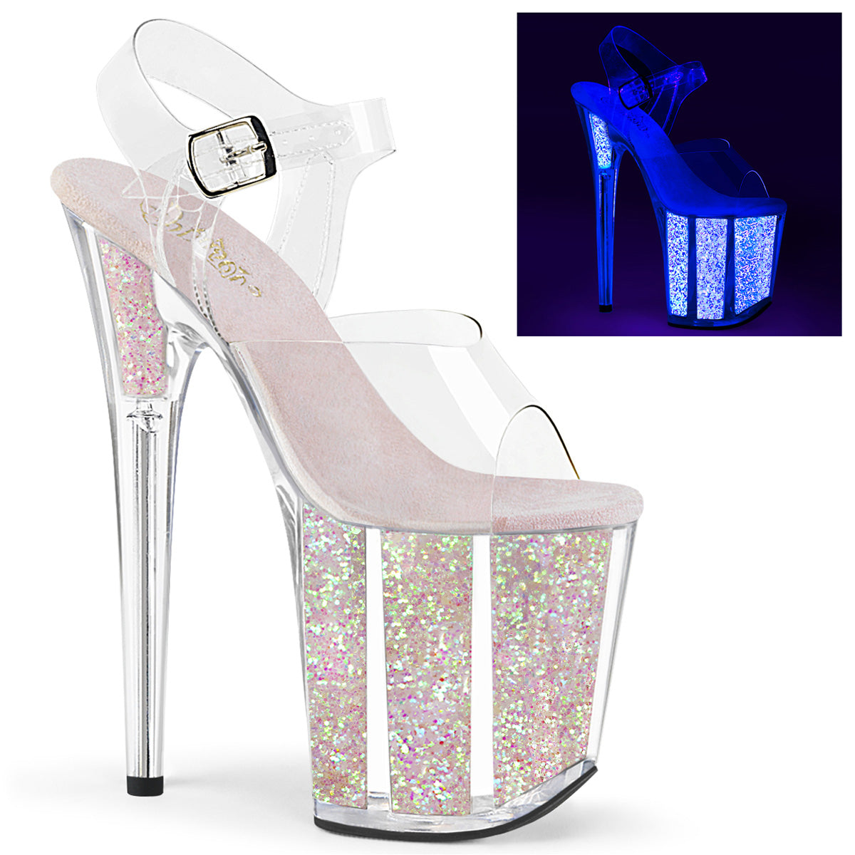 FLAMINGO-808UVG 8" Heel, 4" PF Ankle Strap Sandal w/Neon UV Reactive BTM