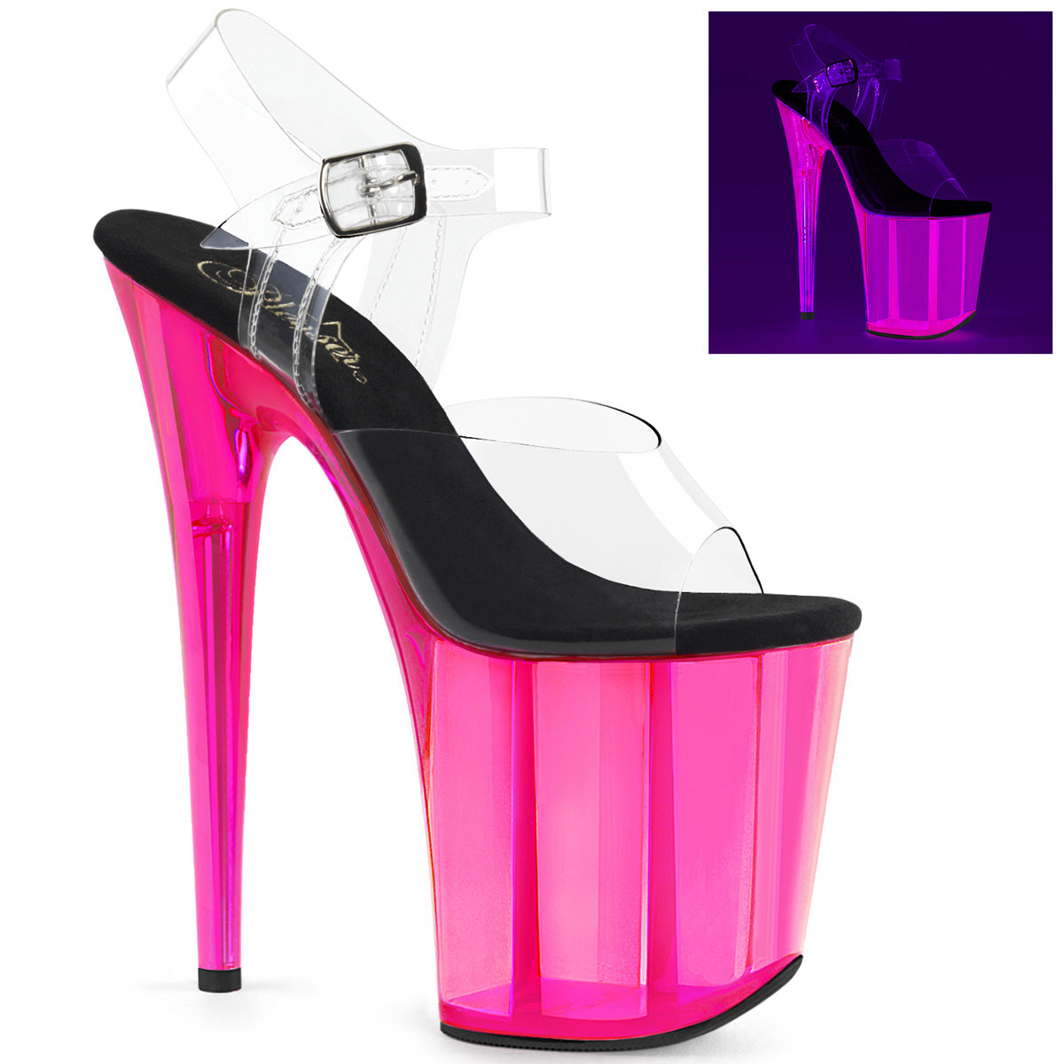 FLAMINGO-808UVT 8" Heel, 4" UV Reactive Tinted PF Ankle Strap Sandal