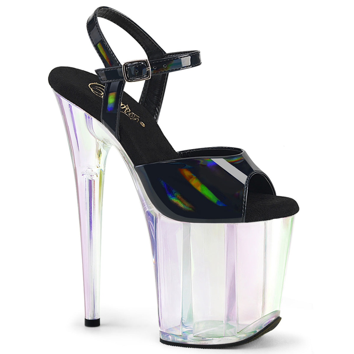 FLAMINGO-809HT *8" Heel, 4" Holo Tinted PF Ankle Strap Sandal