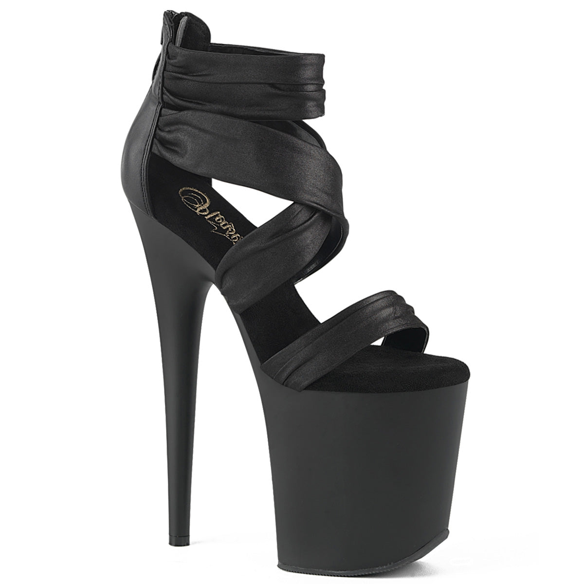 FLAMINGO-820 8" Heel, 4" PF Ruched Ankle Strap Sandal, Back Zip