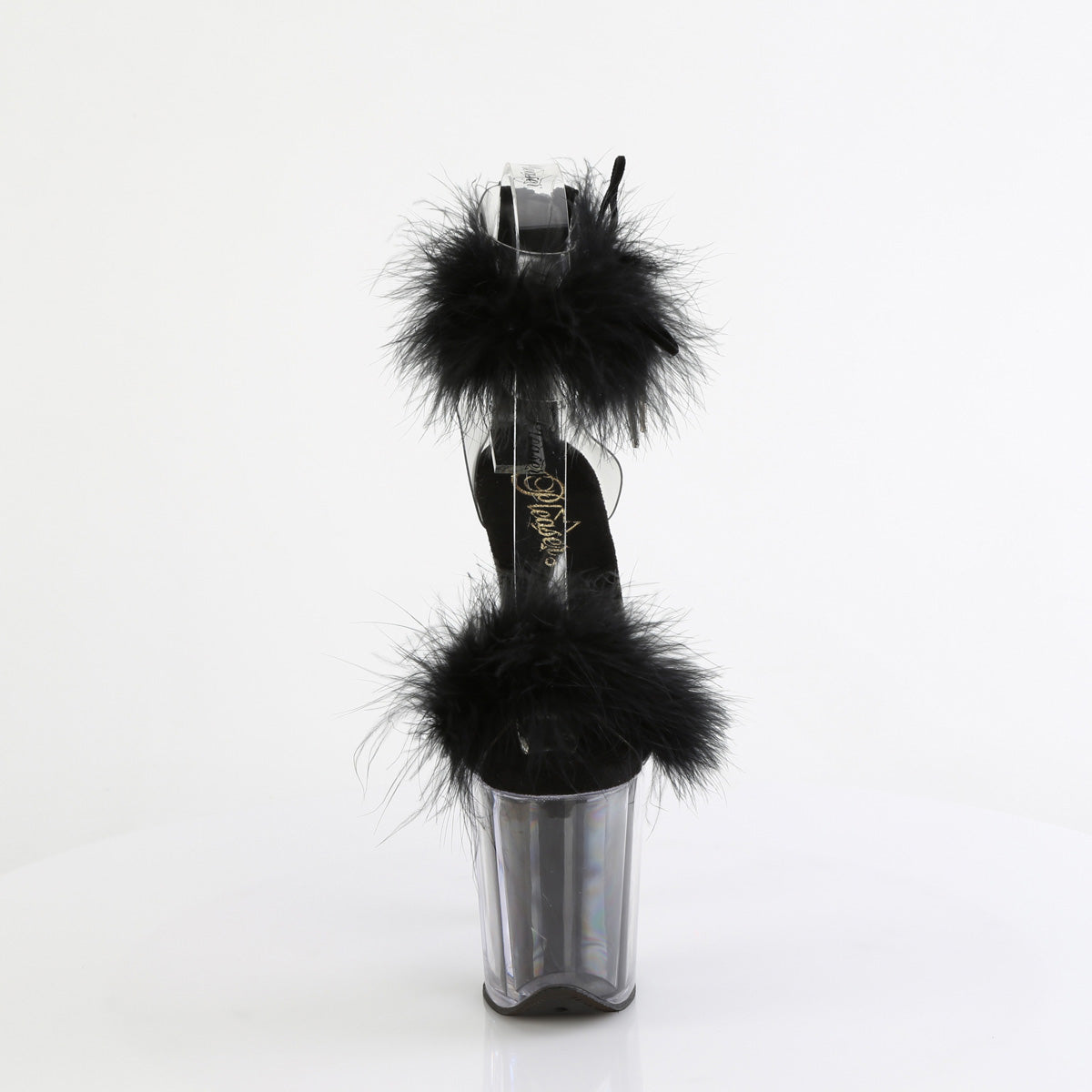 FLAMINGO-824F 8" Heel, 4" PF Marabou Fur Ankle Cuff Sandal, Back Zip
