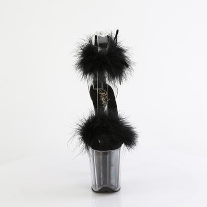 FLAMINGO-824F 8" Heel, 4" PF Marabou Fur Ankle Cuff Sandal, Back Zip