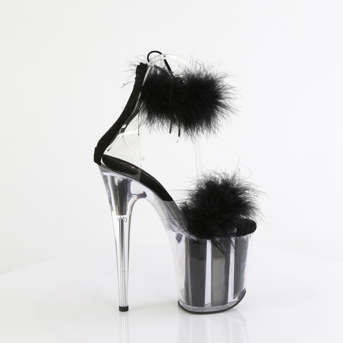 FLAMINGO-824F 8" Heel, 4" PF Marabou Fur Ankle Cuff Sandal, Back Zip