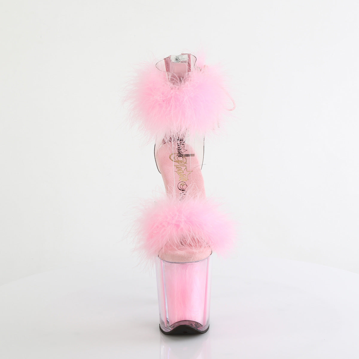 FLAMINGO-824F 8" Heel, 4" PF Marabou Fur Ankle Cuff Sandal, Back Zip