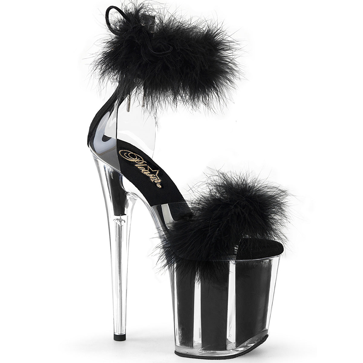FLAMINGO-824F 8" Heel, 4" PF Marabou Fur Ankle Cuff Sandal, Back Zip