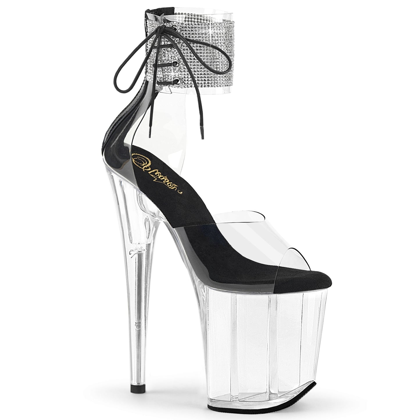FLAMINGO-824RS *8" Heel, 4" PF Rhinestoned Ankle Cuff Sandal, Back Zip