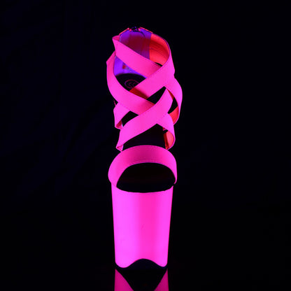 FLAMINGO-869UV 8" Heel, 4" PF UV Reactive Criss Cross Sandal, Back Zip