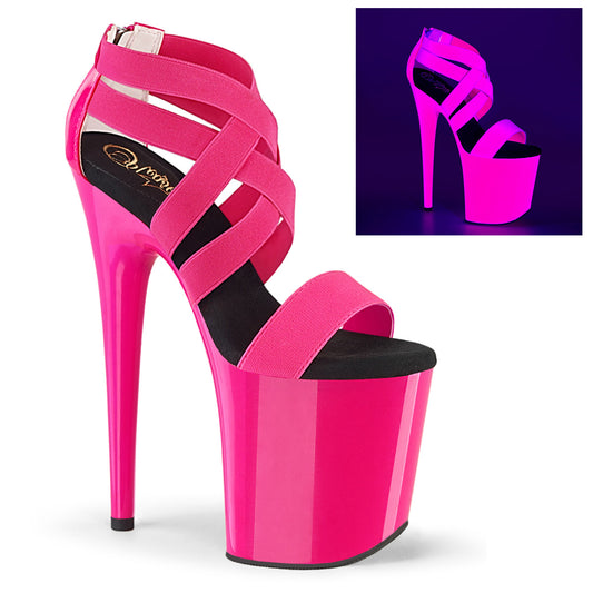 FLAMINGO-869UV 8" Heel, 4" PF UV Reactive Criss Cross Sandal, Back Zip