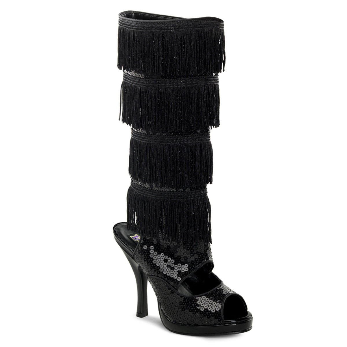 FLAPPER-168 *4 1/2" Heel, 3/4" Hidden PF Flapper Knee Boot W/ Fringe