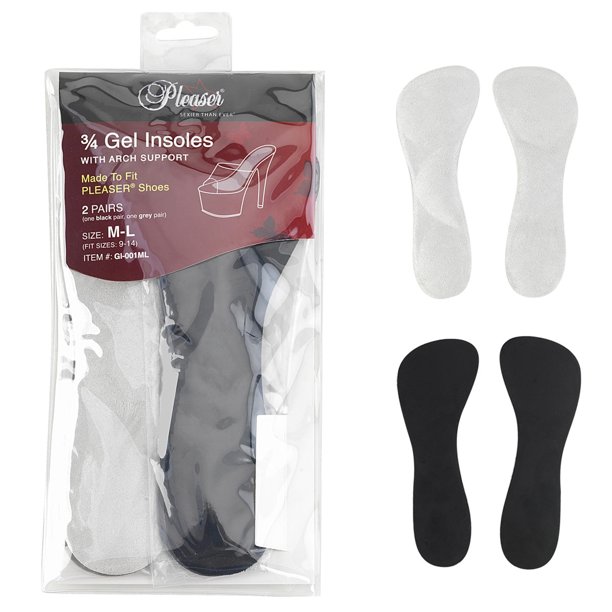 GI-001ML PLEASER 3/4 Gel Insoles w/ Arch Support, Fits sizes 9-14