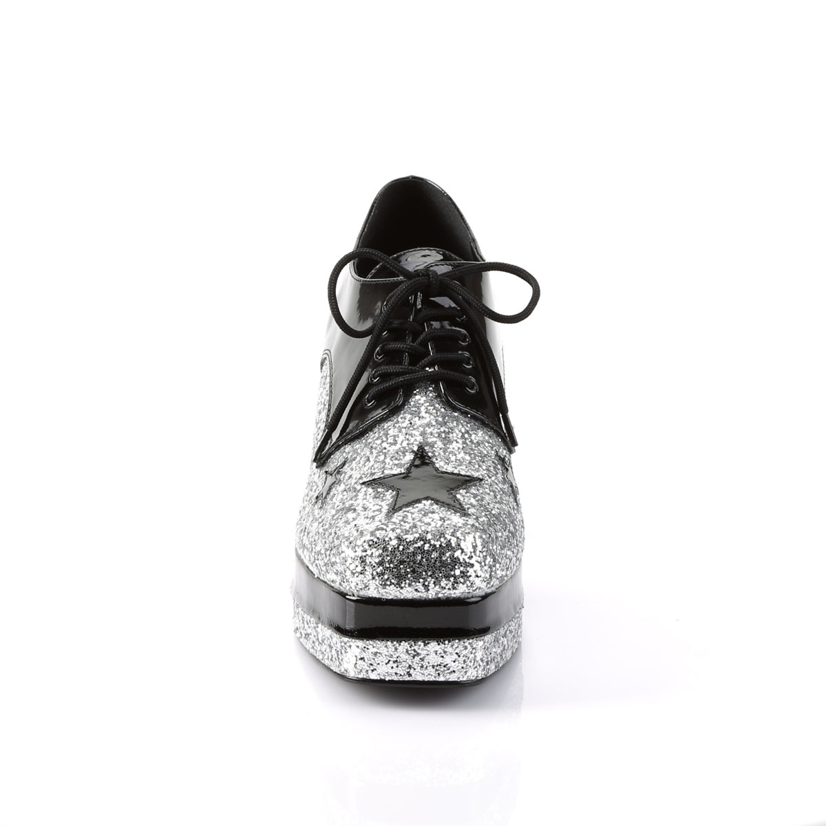 GLAMROCK-02 3 1/2" Heel, 1 1/2" Stacked PF, Lace Up Black Glitter Oxford