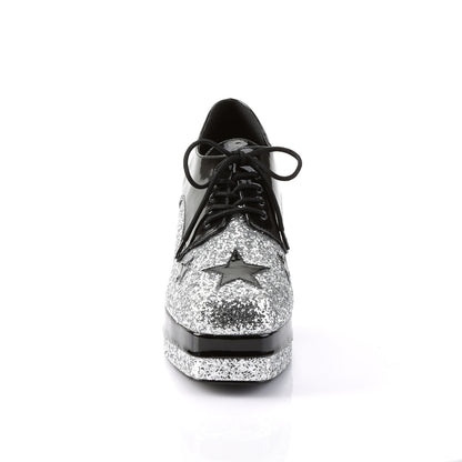 GLAMROCK-02 3 1/2" Heel, 1 1/2" Stacked PF, Lace Up Black Glitter Oxford