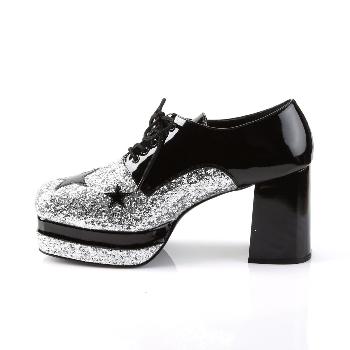 GLAMROCK-02 3 1/2" Heel, 1 1/2" Stacked PF, Lace Up Black Glitter Oxford