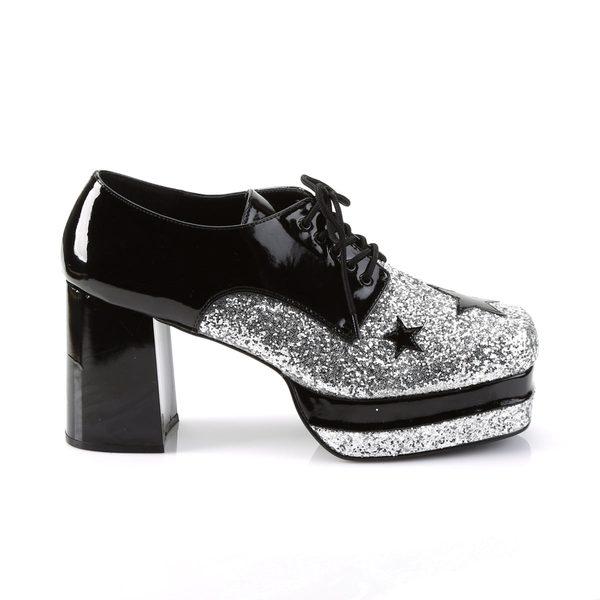 GLAMROCK-02 3 1/2" Heel, 1 1/2" Stacked PF, Lace Up Black Glitter Oxford