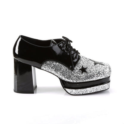 GLAMROCK-02 3 1/2" Heel, 1 1/2" Stacked PF, Lace Up Black Glitter Oxford
