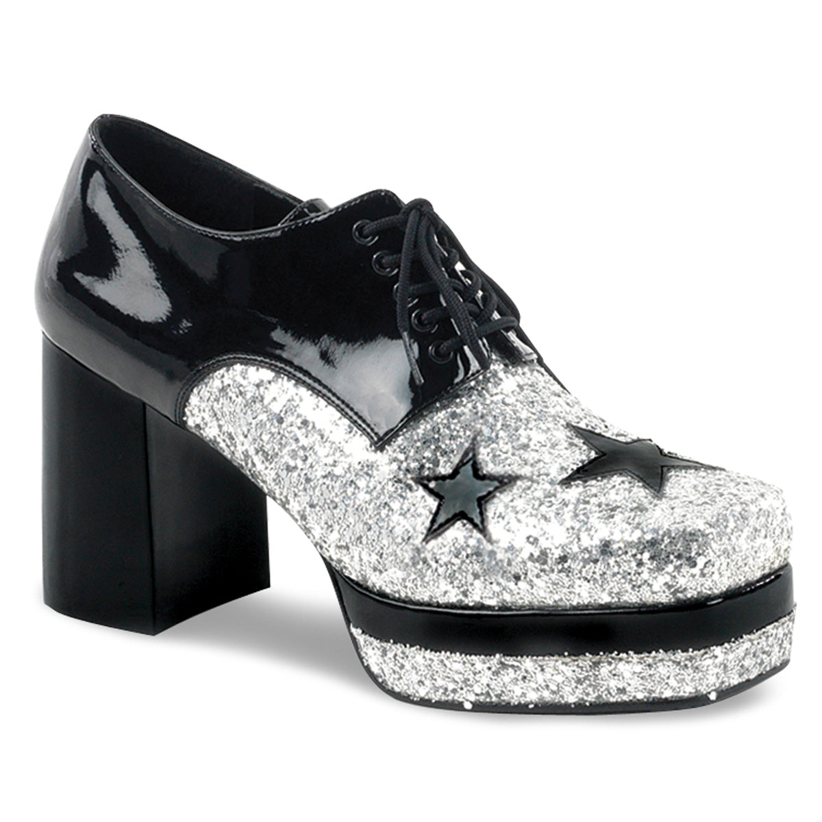 GLAMROCK-02 3 1/2" Heel, 1 1/2" Stacked PF, Lace Up Black Glitter Oxford
