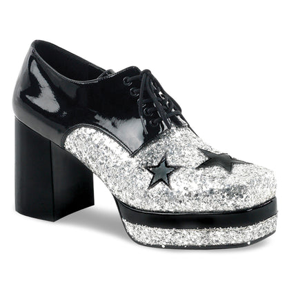 GLAMROCK-02 3 1/2" Heel, 1 1/2" Stacked PF, Lace Up Black Glitter Oxford