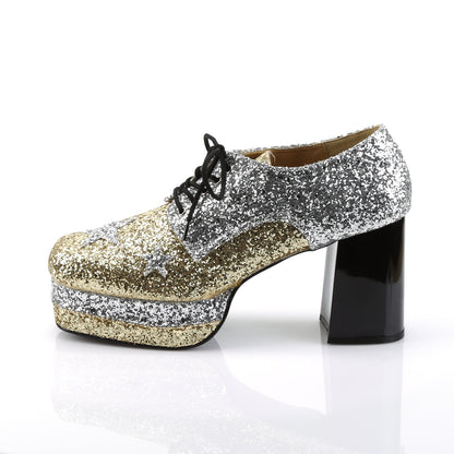 GLAMROCK-02 3 1/2" Heel, 1 1/2" Stacked PF, Lace Up Black Glitter Oxford