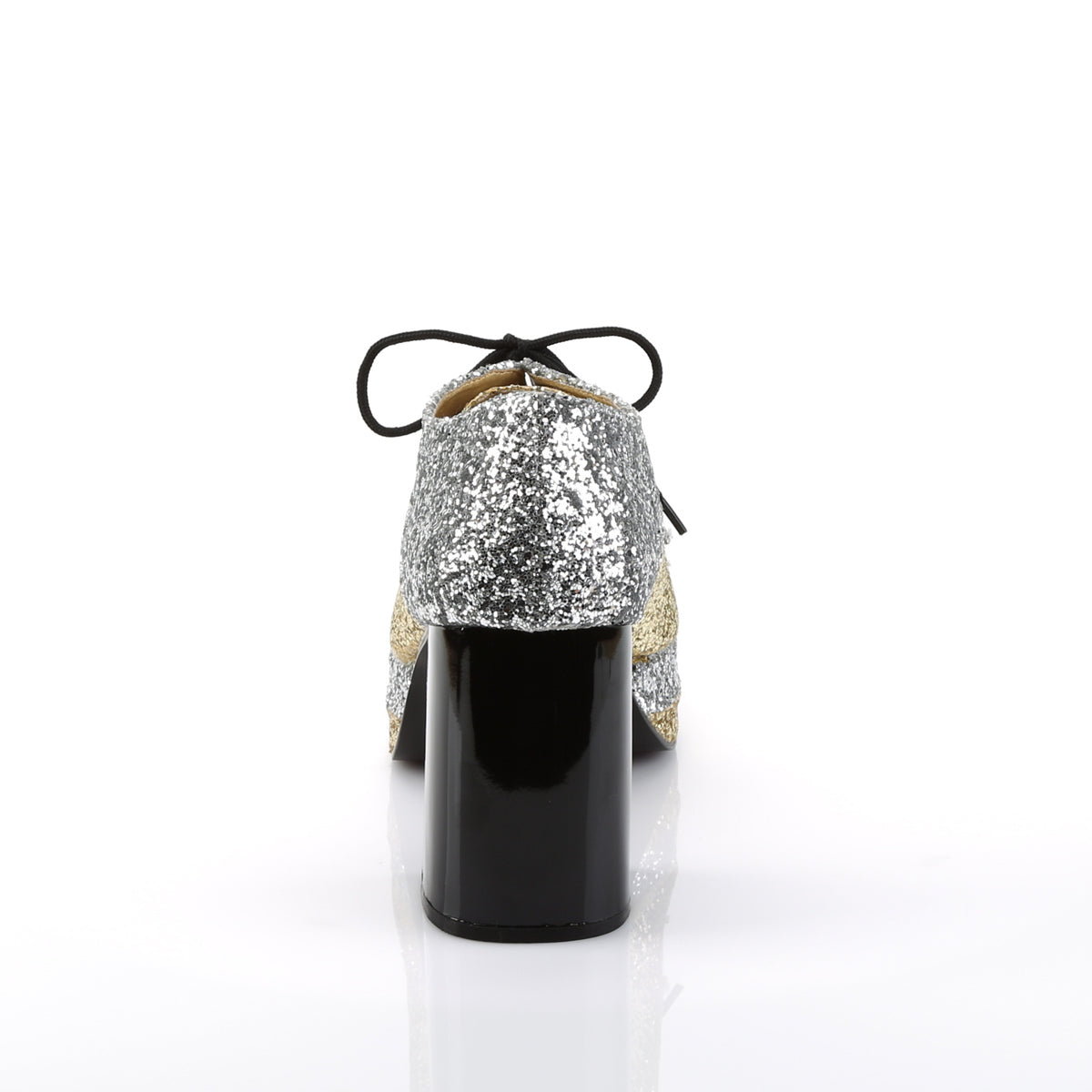 GLAMROCK-02 3 1/2" Heel, 1 1/2" Stacked PF, Lace Up Black Glitter Oxford