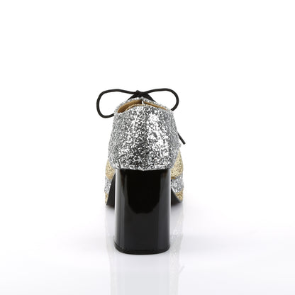 GLAMROCK-02 3 1/2" Heel, 1 1/2" Stacked PF, Lace Up Black Glitter Oxford