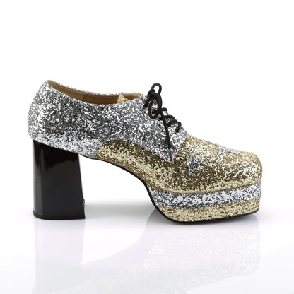 GLAMROCK-02 3 1/2" Heel, 1 1/2" Stacked PF, Lace Up Black Glitter Oxford