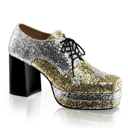 GLAMROCK-02 3 1/2" Heel, 1 1/2" Stacked PF, Lace Up Black Glitter Oxford