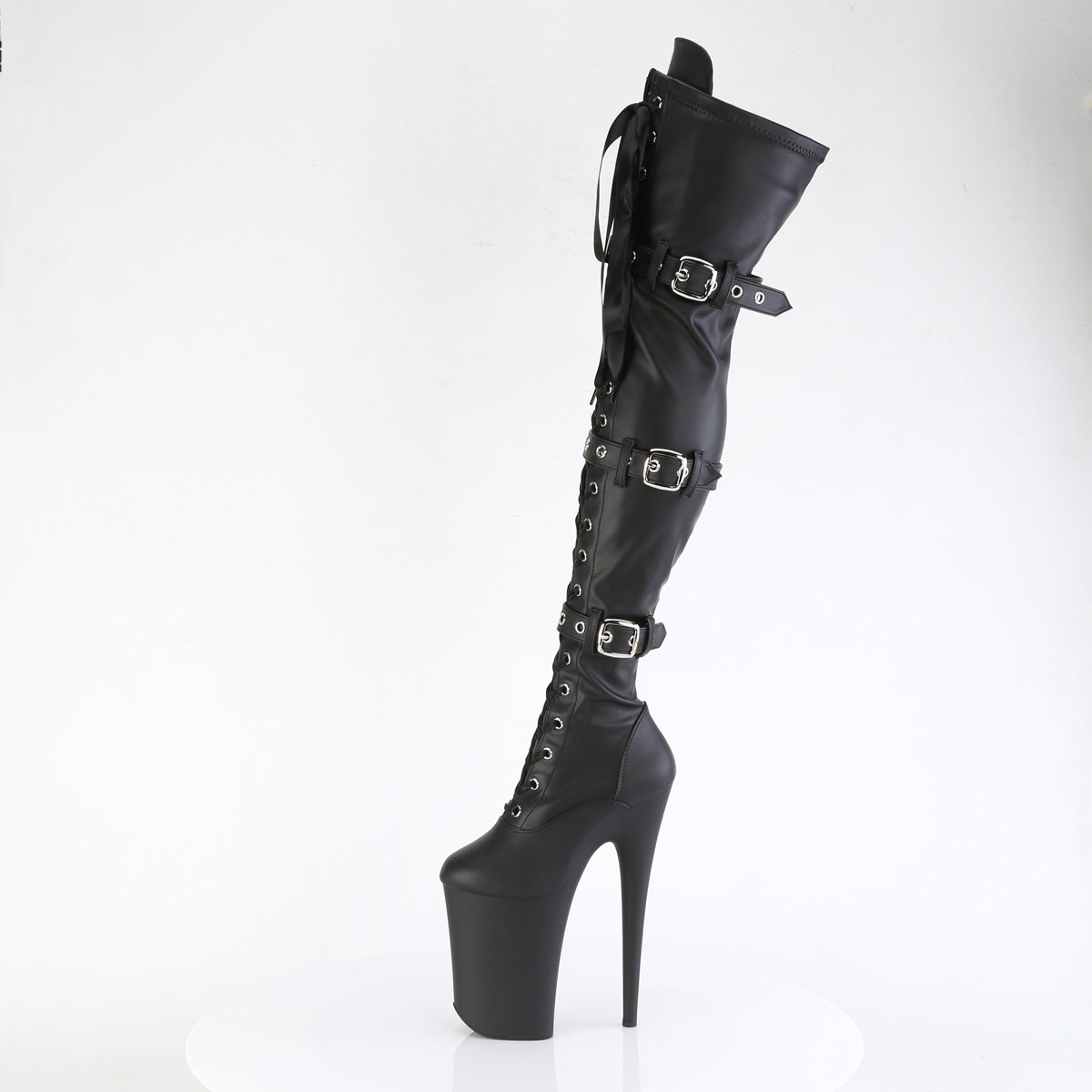 INFINITY-3028 *9" Heel, 5 1/4" PF Buckled Lace Up Thigh Boot, Side Zip