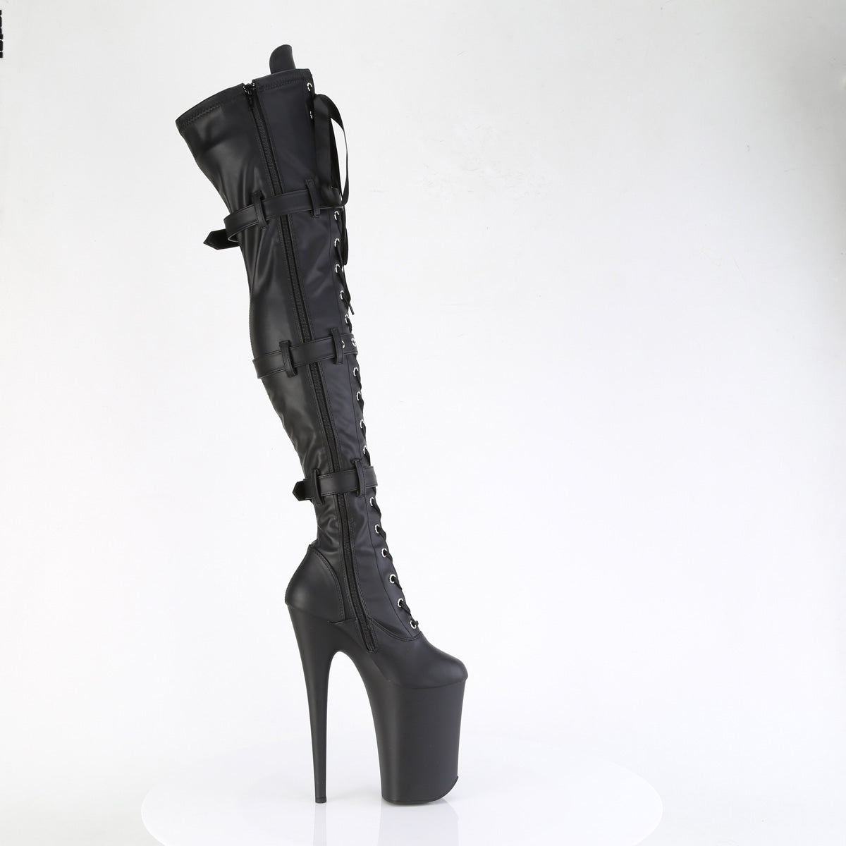 INFINITY-3028 9" Heel, 5 1/4" PF Buckled Lace Up Thigh Boot, Side Zip